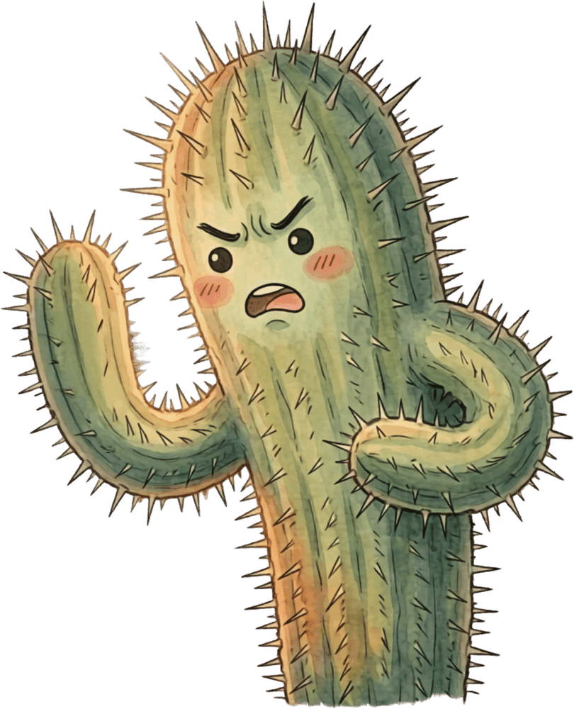 Spike the saguaro scowling with his arms folded, needles standing out all over him