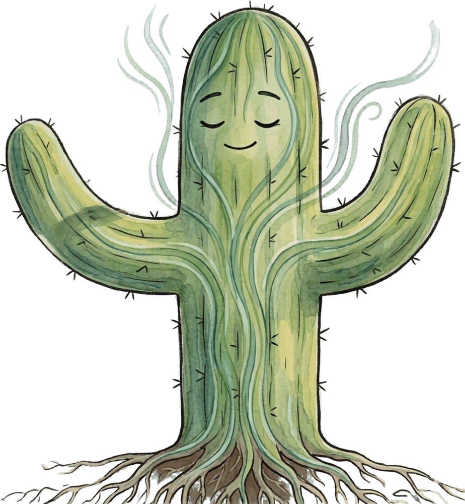 Spike with his eyes closed, roots spreading below him and soft green breath around him